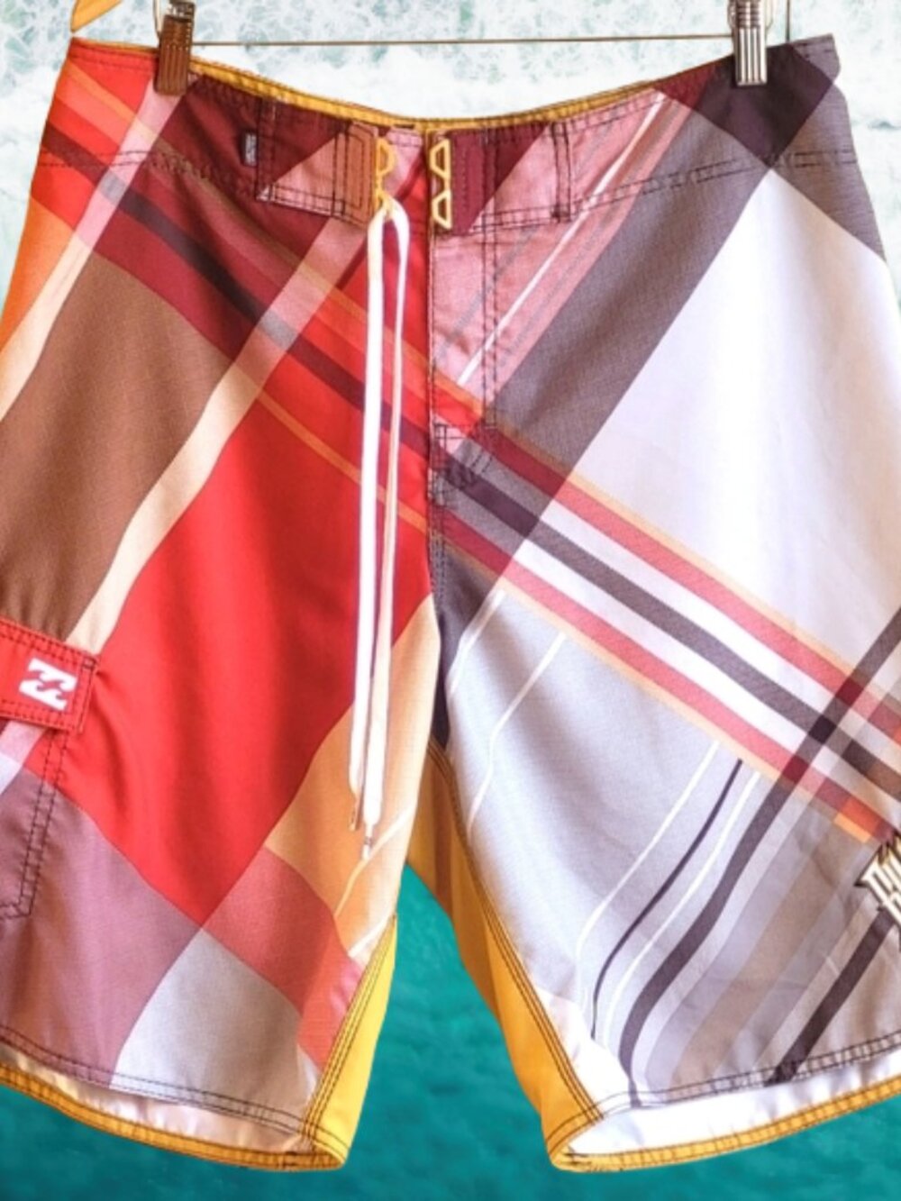 Billabong Board Shorts Mens 36 Swim Trunks Orange Brown Surf Striped Pocket Logo